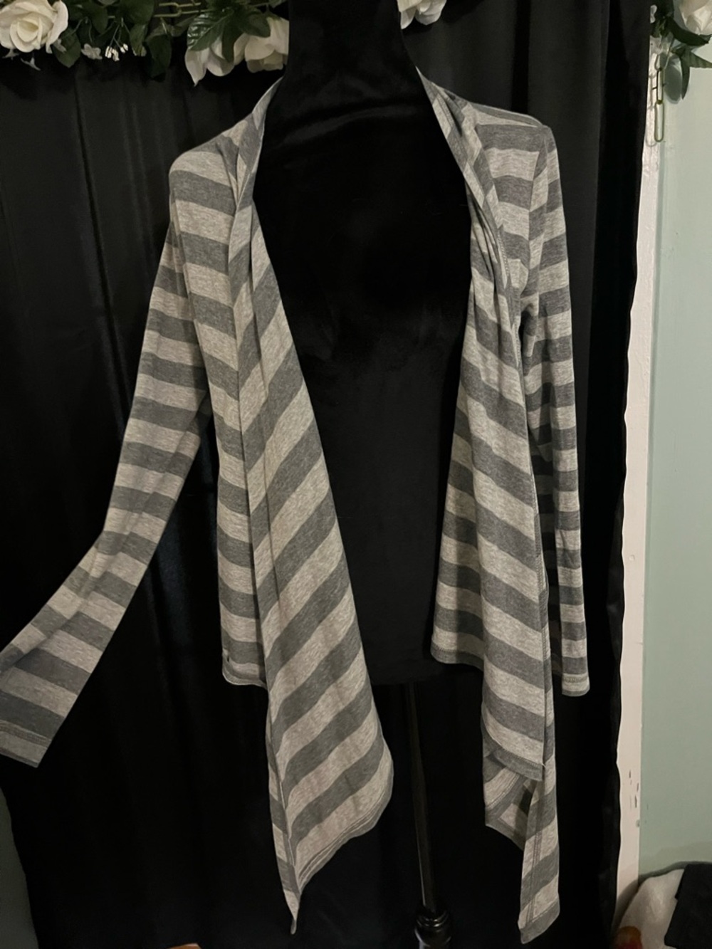 Gray and Light Gray Striped Open-Front Cardigan